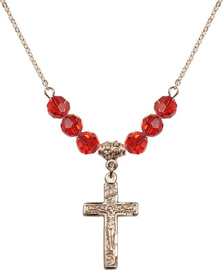 18" Hamilton Gold Plated Necklace with 4mm Ruby Crystal Beads featuring a 14kt Gold Filled Crucifix Medal.