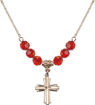 18" Hamilton Gold Plated Necklace with 4mm Ruby Crystal Beads featuring a 14kt Gold Filled Cross Medal.