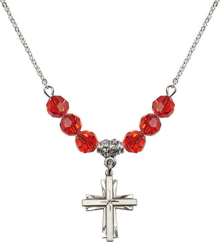 18" Rhodium Plated Necklace with 4mm Ruby Crystal Beads featuring a Sterling Silver Cross Medal.