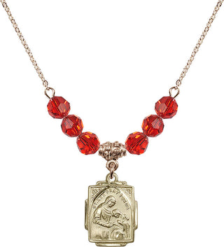 18" Hamilton Gold Plated Necklace with 4mm Ruby Crystal Beads featuring a 14kt Gold Filled Saint Ann Medal. Engraved Catholic Saint Jewelry