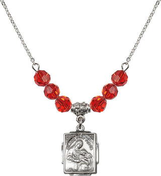 18" Rhodium Plated Necklace with 4mm Ruby Crystal Beads featuring a Sterling Silver Saint Ann Medal. Engraved Catholic Saint Jewelry