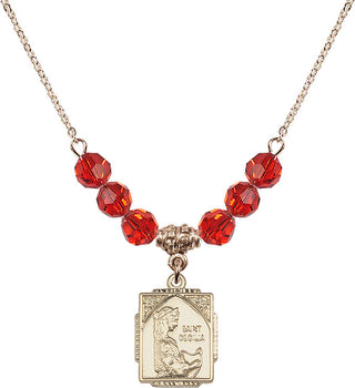 18" Hamilton Gold Plated Necklace with 4mm Ruby Crystal Beads featuring a 14kt Gold Filled Saint Cecilia Medal. Engraved Catholic Saint Jewelry