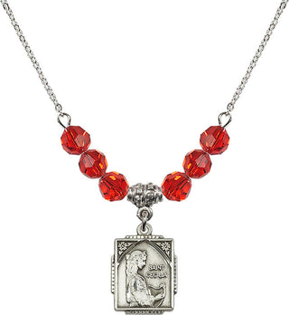18" Rhodium Plated Necklace with 4mm Ruby Crystal Beads featuring a Sterling Silver Saint Cecilia Medal. Engraved Catholic Saint Jewelry