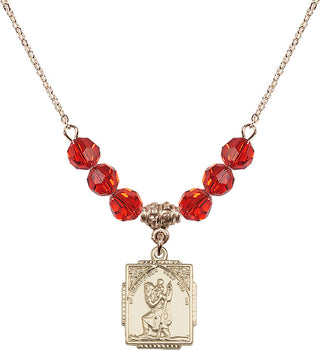 18" Hamilton Gold Plated Necklace with 4mm Ruby Crystal Beads featuring a 14kt Gold Filled Saint Christopher Medal. Engraved Catholic Saint Jewelry