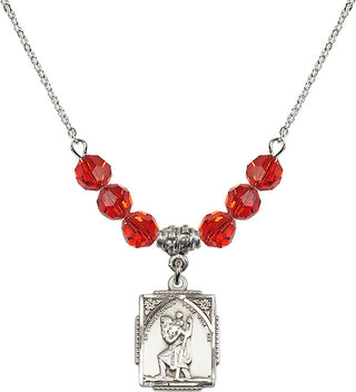 18" Rhodium Plated Necklace with 4mm Ruby Crystal Beads featuring a Sterling Silver Saint Christopher Medal. Engraved Catholic Saint Jewelry