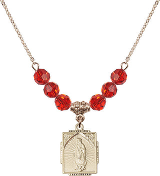 18" Hamilton Gold Plated Necklace with 4mm Ruby Crystal Beads featuring a 14kt Gold Filled Our Lady of Guadalupe Medal. Engraved Catholic Saint Jewelry