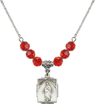 18" Rhodium Plated Necklace with 4mm Ruby Crystal Beads featuring a Sterling Silver Our Lady of Guadalupe Medal. Engraved Catholic Saint Jewelry