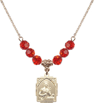 18" Hamilton Gold Plated Necklace with 4mm Ruby Crystal Beads featuring a 14kt Gold Filled Saint Gerard Medal. Engraved Catholic Saint Jewelry
