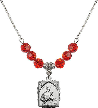 18" Rhodium Plated Necklace with 4mm Ruby Crystal Beads featuring a Sterling Silver Saint Gerard Medal. Engraved Catholic Saint Jewelry