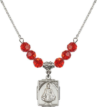 18" Rhodium Plated Necklace with 4mm Ruby Crystal Beads featuring a Sterling Silver Infant of Prague Medal. Engraved Catholic Saint Jewelry