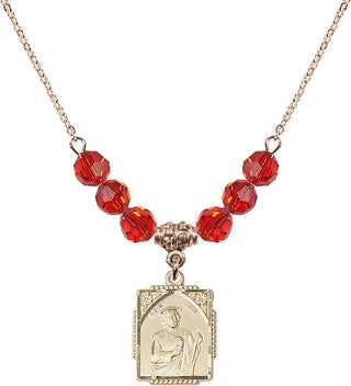 18" Hamilton Gold Plated Necklace with 4mm Ruby Crystal Beads featuring a 14kt Gold Filled Saint Jude Medal. Engraved Catholic Saint Jewelry