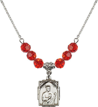 18" Rhodium Plated Necklace with 4mm Ruby Crystal Beads featuring a Sterling Silver Saint Jude Medal. Engraved Catholic Saint Jewelry