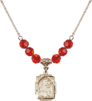 18" Hamilton Gold Plated Necklace with 4mm Ruby Crystal Beads featuring a 14kt Gold Filled Saint Joseph Medal. Engraved Catholic Saint Jewelry