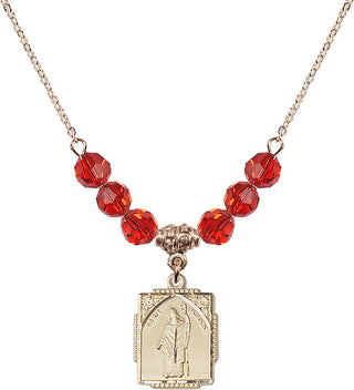 18" Hamilton Gold Plated Necklace with 4mm Ruby Crystal Beads featuring a 14kt Gold Filled Saint Patrick Medal. Engraved Catholic Saint Jewelry