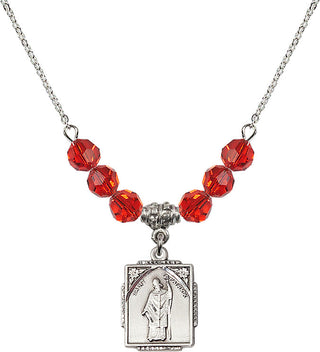 18" Rhodium Plated Necklace with 4mm Ruby Crystal Beads featuring a Sterling Silver Saint Patrick Medal. Engraved Catholic Saint Jewelry