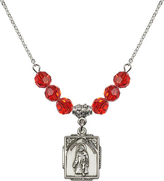 18" Rhodium Plated Necklace with 4mm Ruby Crystal Beads featuring a Sterling Silver Saint Peregrine Medal. Engraved Catholic Saint Jewelry