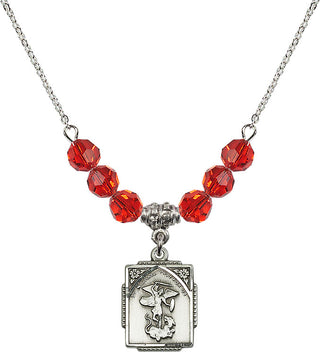 18" Rhodium Plated Necklace with 4mm Ruby Crystal Beads featuring a Sterling Silver Saint Michael the Archangel Medal. Engraved Catholic Saint Jewelry