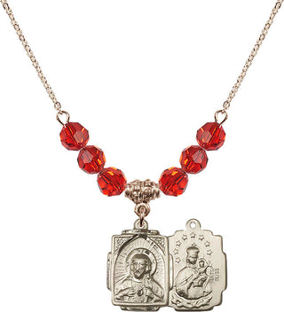 18" Hamilton Gold Plated Necklace with 4mm Ruby Crystal Beads featuring a 14kt Gold Filled Scapular Medal.