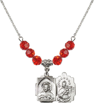 18" Rhodium Plated Necklace with 4mm Ruby Crystal Beads featuring a Sterling Silver Scapular Medal.