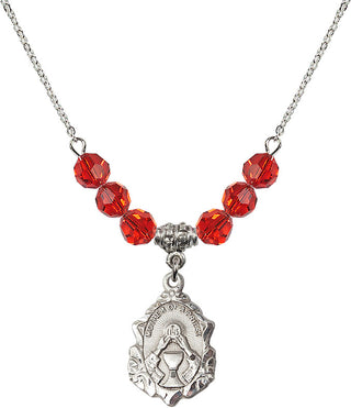 18" Rhodium Plated Necklace with 4mm Ruby Crystal Beads featuring a Sterling Silver Mother of a Priest Medal. Engraved Catholic Saint Jewelry
