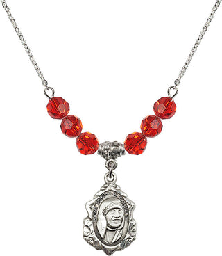 18" Rhodium Plated Necklace with 4mm Ruby Crystal Beads featuring a Sterling Silver Saint Teresa of Calcutta Medal.