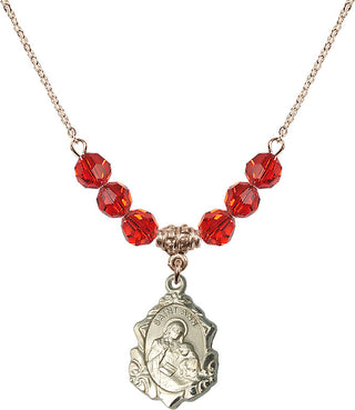 18" Hamilton Gold Plated Necklace with 4mm Ruby Crystal Beads featuring a 14kt Gold Filled Saint Ann Medal. Engraved Catholic Saint Jewelry