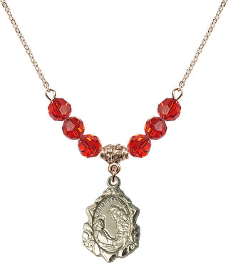 18" Hamilton Gold Plated Necklace with 4mm Ruby Crystal Beads featuring a 14kt Gold Filled Saint Cecilia Medal. Engraved Catholic Saint Jewelry