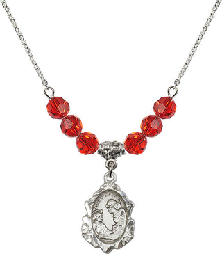 18" Rhodium Plated Necklace with 4mm Ruby Crystal Beads featuring a Sterling Silver Saint Cecilia Medal. Engraved Catholic Saint Jewelry