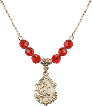 18" Hamilton Gold Plated Necklace with 4mm Ruby Crystal Beads featuring a 14kt Gold Filled Saint Gerard Medal. Engraved Catholic Saint Jewelry