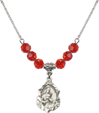 18" Rhodium Plated Necklace with 4mm Ruby Crystal Beads featuring a Sterling Silver Saint Gerard Medal. Engraved Catholic Saint Jewelry