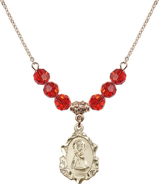 18" Hamilton Gold Plated Necklace with 4mm Ruby Crystal Beads featuring a 14kt Gold Filled Infant of Prague Medal. Engraved Catholic Saint Jewelry