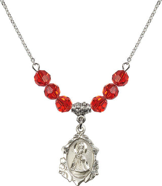 18" Rhodium Plated Necklace with 4mm Ruby Crystal Beads featuring a Sterling Silver Infant of Prague Medal. Engraved Catholic Saint Jewelry