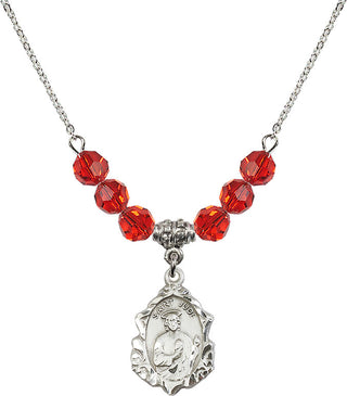 18" Rhodium Plated Necklace with 4mm Ruby Crystal Beads featuring a Sterling Silver Saint Jude Medal. Engraved Catholic Saint Jewelry