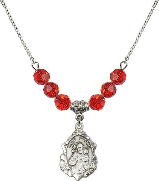 18" Rhodium Plated Necklace with 4mm Ruby Crystal Beads featuring a Sterling Silver Saint Joseph Medal. Engraved Catholic Saint Jewelry