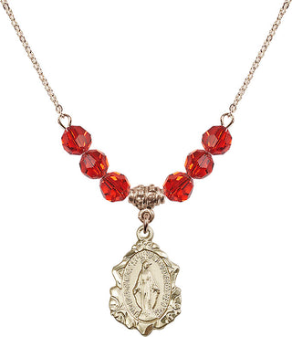 18" Hamilton Gold Plated Necklace with 4mm Ruby Crystal Beads featuring a 14kt Gold Filled Miraculous Medal. Engraved Catholic Saint Jewelry