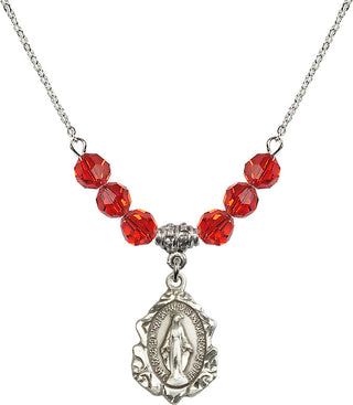 18" Rhodium Plated Necklace with 4mm Ruby Crystal Beads featuring a Sterling Silver Miraculous Medal. Engraved Catholic Saint Jewelry