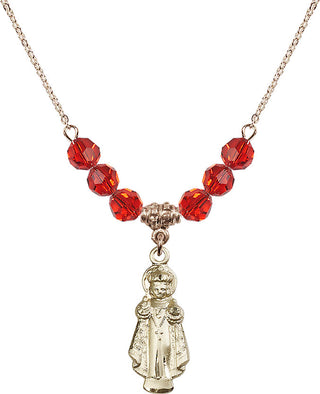 18" Hamilton Gold Plated Necklace with 4mm Ruby Crystal Beads featuring a 14kt Gold Filled Infant of Prague Medal.