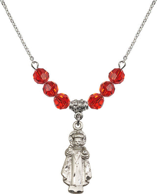 18" Rhodium Plated Necklace with 4mm Ruby Crystal Beads featuring a Sterling Silver Infant of Prague Medal.