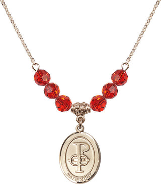 18" Hamilton Gold Plated Necklace with 4mm Ruby Crystal Beads featuring a 14kt Gold Filled Matrimony Medal.