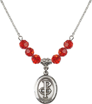 18" Rhodium Plated Necklace with 4mm Ruby Crystal Beads featuring a Sterling Silver Matrimony Medal.