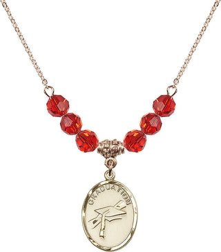 18" Hamilton Gold Plated Necklace with 4mm Ruby Crystal Beads featuring a 14kt Gold Filled Graduation Medal.