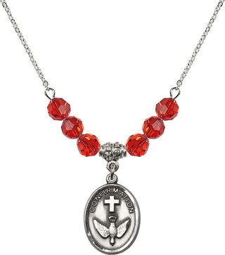 18" Rhodium Plated Necklace with 4mm Ruby Crystal Beads featuring a Sterling Silver Confirmation Medal.