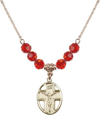 18" Hamilton Gold Plated Necklace with 4mm Ruby Crystal Beads featuring a 14kt Gold Filled Crucifix Medal.