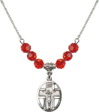 18" Rhodium Plated Necklace with 4mm Ruby Crystal Beads featuring a Sterling Silver Crucifix Medal.