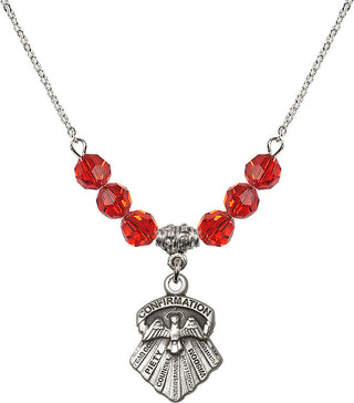 18" Rhodium Plated Necklace with 4mm Ruby Crystal Beads featuring a Sterling Silver Seven Gifts Medal.