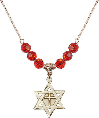 18" Hamilton Gold Plated Necklace with 4mm Ruby Crystal Beads featuring a 14kt Gold Filled Star of David with Cross Medal.