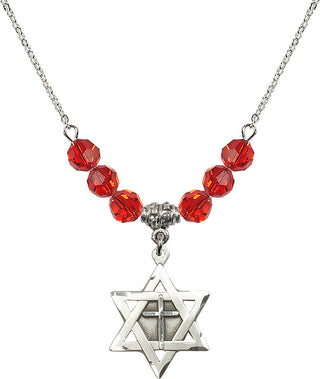 18" Rhodium Plated Necklace with 4mm Ruby Crystal Beads featuring a Sterling Silver Star of David with Cross Medal.