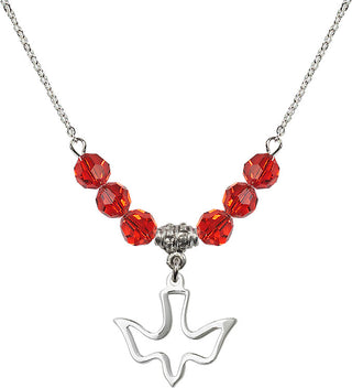 18" Rhodium Plated Necklace with 4mm Ruby Crystal Beads featuring a Sterling Silver Holy Spirit Medal.