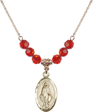 18" Hamilton Gold Plated Necklace with 4mm Ruby Crystal Beads featuring a 14kt Gold Filled Miraculous Medal.
