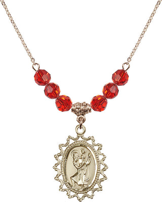 18" Hamilton Gold Plated Necklace with 4mm Ruby Crystal Beads featuring a 14kt Gold Filled Saint Christopher Medal.